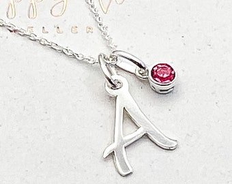 Sterling Silver Initial Charm Necklace with Birthstone - Personalised Birthstone Necklace - Birthday Gift For Her - Personalised Jewelry