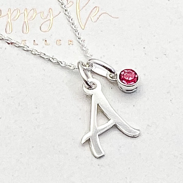 Sterling Silver Initial Charm Necklace with Birthstone - Personalised Birthstone Necklace - Birthday Gift For Her - Personalised Jewelry