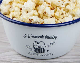 Personalised Movie Night Bowl, Personalised Enamel Bowl, Housewarming Gift, Enamelware, Couples Gift, Wedding Gift, Popcorn Bowl