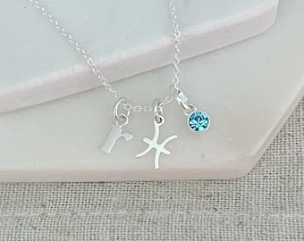 Sterling Silver Pisces, Initial & Birthstone Necklace - Personalised Zodiac Jewelry - Birthday Gifts for Her - Pisces Gift Initial Necklace