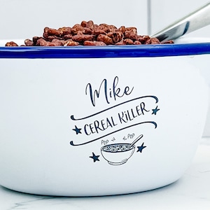 Personalised Cereal Killer Engraved Enamel Breakfast Bowl Personalized Cereal Bowl Personalized Cereal Bowl image 1