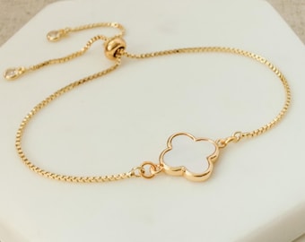 Gold Plated Clover Bracelet - Mother of Pearl, Adjustable Slider