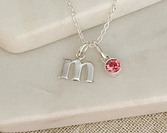 Sterling Silver Initial & Birthstone Necklace - Personalized Jewelry for Her - Dainty Initial Necklace - Birthday Gifts for Her