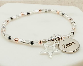 Personalised Star Bracelet with Engraved Name Charm | Cute Beaded Stretchy Bracelet