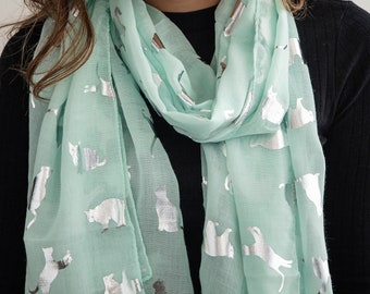Mint Green Cat Scarf, personalised - Mothers Day Gift for Cat Mum - Birthday Gifts for Her - Cat Lover Gifts for Women - Personalised Scarf