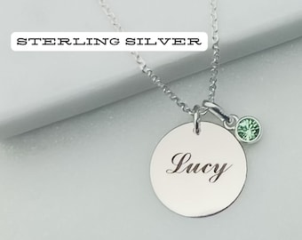 Sterling Silver Name & Birthstone Charm Necklace - Personalized Birthstone Gift for Mum - Name Jewelry - Birthday Gift for Her - Mothers Day