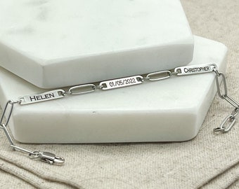 Engraved Bar Charm Bracelet with Paperclip Chain - Personalised Jewellery Gift for Her - Valentine Gifts for Girlfriend - Birthday Present