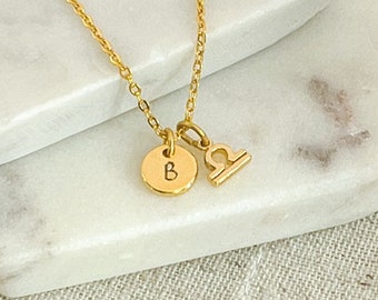 Gold Libra Charm & Initial Necklace -  Personalised Libra Zodiac Necklace with Birthstone - Necklace for October Birthday