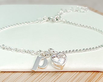 Initial & Crystal Heart Bracelet - Personalised Jewelry for Bridesmaids - Birthday Gifts for Girlfriend - April Birthstone Bracelet