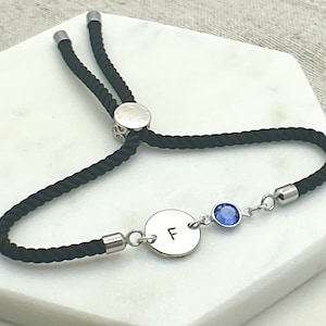 Initial & Birthstone Bracelet - Personalised Birthday Gift for Her - Custom Silver Initial Jewelry - Adjustable Initial Bracelet -