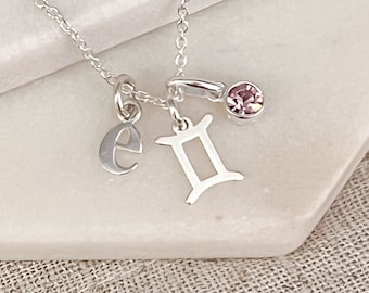 Sterling Silver Gemini & Initial Necklace with June Birthstone - Personalized Birthday Gift for Her - Zodiac Jewelry Gift for Women