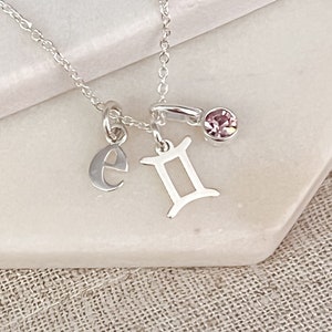 Sterling Silver Gemini & Initial Necklace with June Birthstone Personalized Birthday Gift for Her Zodiac Jewelry Gift for Women yes, add June