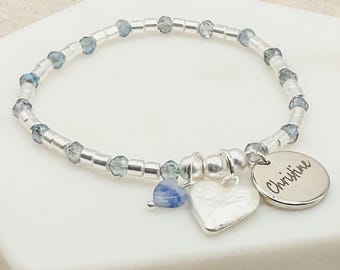 Heart Bracelet with Engraved Name | Personalised Blue and Silver Stretchy Beaded Bracelet with Heart Charm
