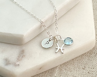 Pisces Necklace with March Birthstone Crystal - Personalized Jewelry for Women - Birthday Gift for Her - Aquamarine Birthstone Necklace