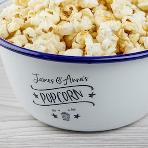 Couples Movie Night Popcorn Bowl, Personalized, Couples Popcorn Bowl, Couples Popcorn Tub, Enamel Popcorn Bowl, Custom Popcorn Bowl image 1
