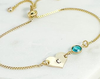 Initial Heart Birthstone Bracelet - December Birthstone Initial Bracelet - December Birthday Gift - Adjustable Gold Bracelet Personalised