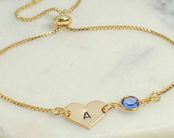 Initial Heart Birthstone Bracelet - September Birthstone - Adjustable Initial Bracelet - September Birthday Gift - Gold Heart Bracelet