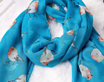 Blue Scarf with Robins - Personalised Robin Scarf - Personalized Mothers Day Gifts - Birthday Gifts for Her - Letterbox Gifts for Women