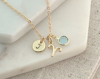 Aries Necklace with March Birthstone - Birthday Gift for Her - Gold Zodiac Necklaces for Women - Initial & Birthstone Personalised Necklace