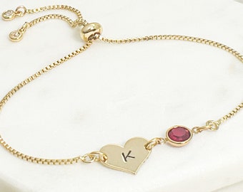 Personalized January Birthstone Bracelet: Gold Heart Initial, Red Garnet