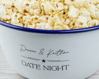 Personalised Date Night Bowl – Custom Gift for Couples - Enamel Bowl with Names for Movie Nights - Unique Wedding Gift for Couple