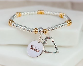 Engraved Name & Heart Bracelet - Personalized Jewelry Gifts for Her - Birthday Gift for Women - Personalised Silver and Gold Beaded Bracelet