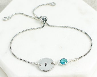 Personalized Initial Birthstone Bracelet: Hand-Stamped Silver-Plated Charm