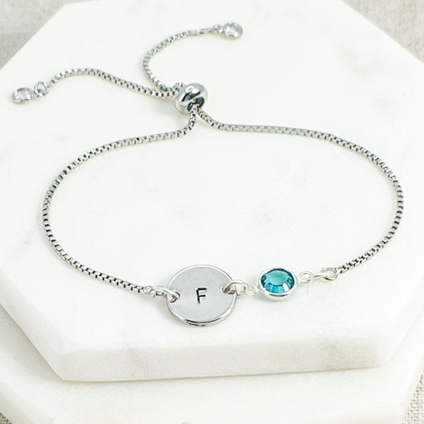 Initial & Birthstone Bracelet | Birthday Gift for Her | Personalised Disc Bracelet | Initial Bracelet | Birthstone Gifts | Jewelry Gift