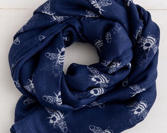 Personalised Navy Blue Scarf with White Bee Print - Mothers Day Gift Idea - Bee Scarf - Birthday Gifts for Her - Navy & White Scarf Women