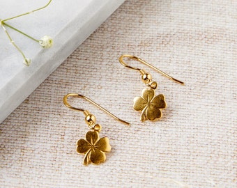 Gold over Sterling Silver Four Leaf Clover Dangle Earrings