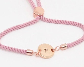 Initial Bracelet, Adjustable Pink Cord - Personalized Jewelry Gift for Her - Rose Gold Bracelets for Women - Custom Birthday Gifts for Women