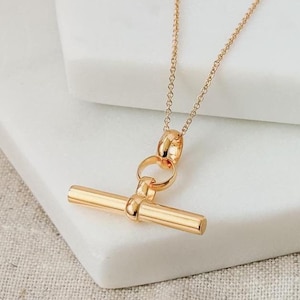 May include: A gold necklace with a simple bar pendant and a toggle clasp.
