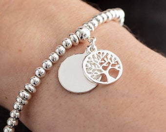 Silver Tree of Life Stretch Bracelet with Initial Charm - Personalised Jewelry - Secret Santa Gift - Personalised Christmas Gift for Her