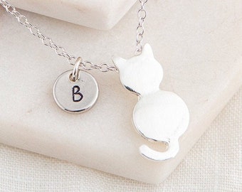 Silver Cat Necklace with Initial Charm - Cat Lover Gift - Birthday Gift Idea for Cat Lovers - Personalized Jewelry - Custom Cat Necklace