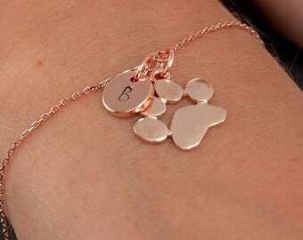 Paw Print Bracelet with Initial Charm Rose Gold  - Valentines Gifts for Her Jewelry - Personalised Handmade Bracelets for Dog Mom, Cat Mom