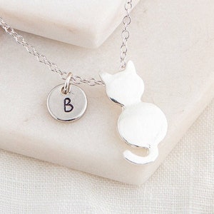 Silver Cat Necklace with Initial Charm - Cat Lover Gift - Birthday Gift Idea for Cat Lovers - Personalized Jewelry - Custom Cat Necklace