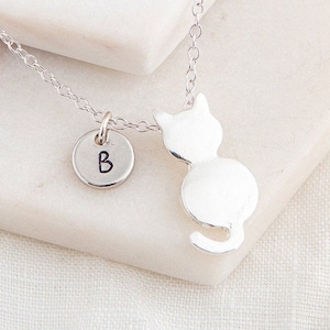 Silver Cat Necklace with Initial Charm - Cat Lover Gift - Birthday Gift Idea for Cat Lovers - Personalized Jewelry - Custom Cat Necklace