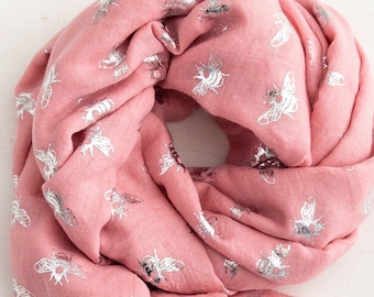 Pink Scarf with Silver Bee Print - Personalised Bee Scarf - Personalised Scarf - Birthday Gift for Women - Mothers Day Gift for Her