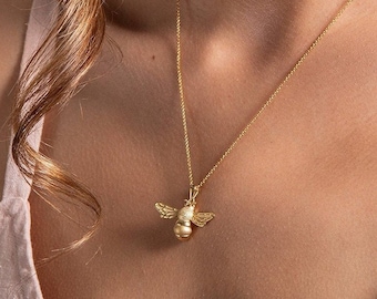 Gold Bee Necklace | Add Engraved Name Bar | Gold Plated Sterling Silver Jewellery