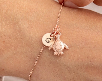 Rose Gold Turtle Bracelet with Initial Charm - Ocean Inspired Jewellery - Personalised Sea Life Gift for Her - Birthday Gift for Ocean Lover
