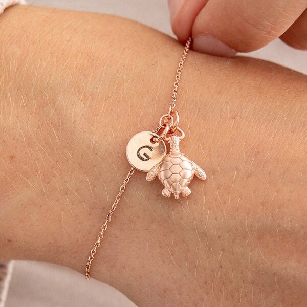 Rose Gold Turtle Bracelet with Initial Charm - Ocean Inspired Jewellery - Personalised Sea Life Gift for Her - Birthday Gift for Ocean Lover