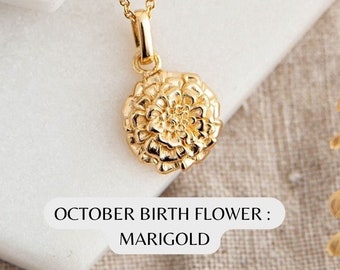 October Birth Flower Necklace | Birth Flower Jewelry Gift | Personalised October Birthday Gift for Her | Gold Marigold Birth Flower Necklace