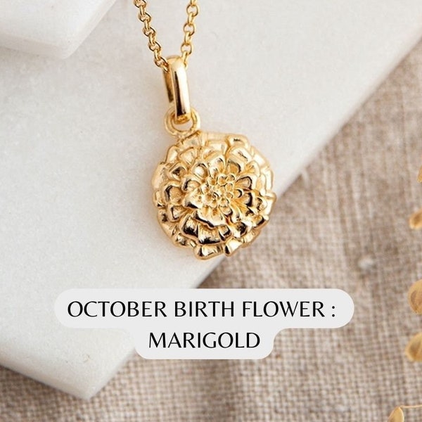 October Birth Flower Necklace | Birth Flower Jewelry Gift | Personalised October Birthday Gift for Her | Gold Marigold Birth Flower Necklace