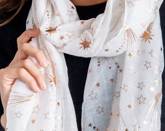 Celestial Scarf - Gold Stars on White Scarf - Personalised Mothers Day Gift - Scarves for Women - Birthday Gifts for Her - Letterbox Gifts