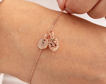 Rose Gold Pine Cone Bracelet with Initial - Personalised Gifts for Girlfriend - Rose Gold Bracelet - Nature Jewelry - Birthday Gift for Her