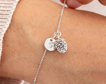 Silver Pine Cone Bracelet with Initial - Personalised Birthday Gift Her, Silver Bracelet - Initial Bracelets for Women, Gifts for Girlfriend