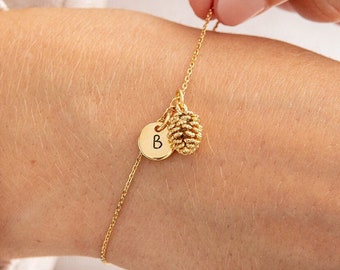 Gold Pine Cone Bracelet with Initial - Personalised Jewelry Gift for Her - Gold Initial Bracelet - Fall Jewelry - Autumn Birthday Gift