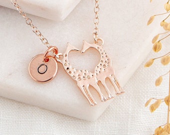 Rose Gold Giraffe Necklace with Custom Initial Charm | Personalized Gift for Animal Lovers | Birthday Gift for Her | Giraffe Charm Necklace