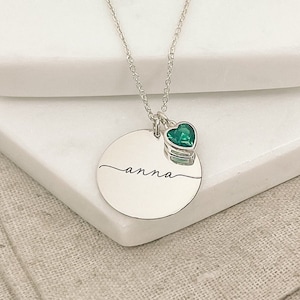 Sterling Silver Engraved Name & Birthstone Necklace - Personalised Birthday Gifts for Her