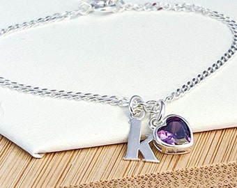 Amethyst Heart & Sterling Silver Initial Bracelet - Personalised Jewelry - Birthday Gifts for Her - February Amethyst Birthstone Bracelet